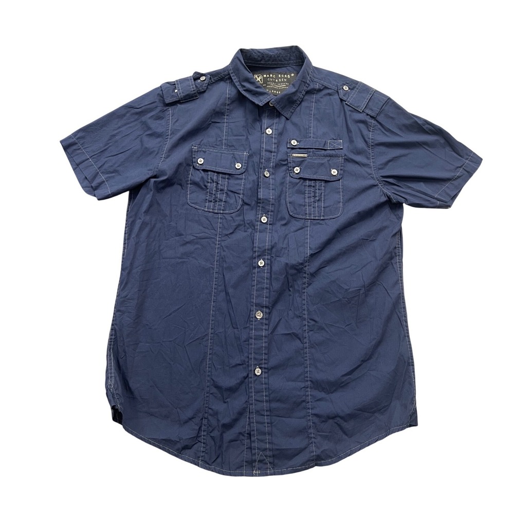 Marc Ecko Cut & Sew Utility Shirt Mens Large Navy Blue Short Sleeve Streetwear‎